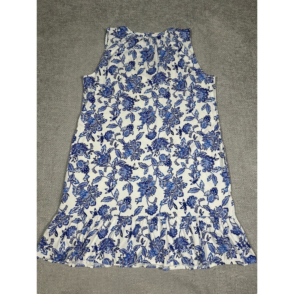Lands End Dress Womens Large 14/16 Blue White Floral Cotton Flounce Tank Pockets - Picture 2 of 9
